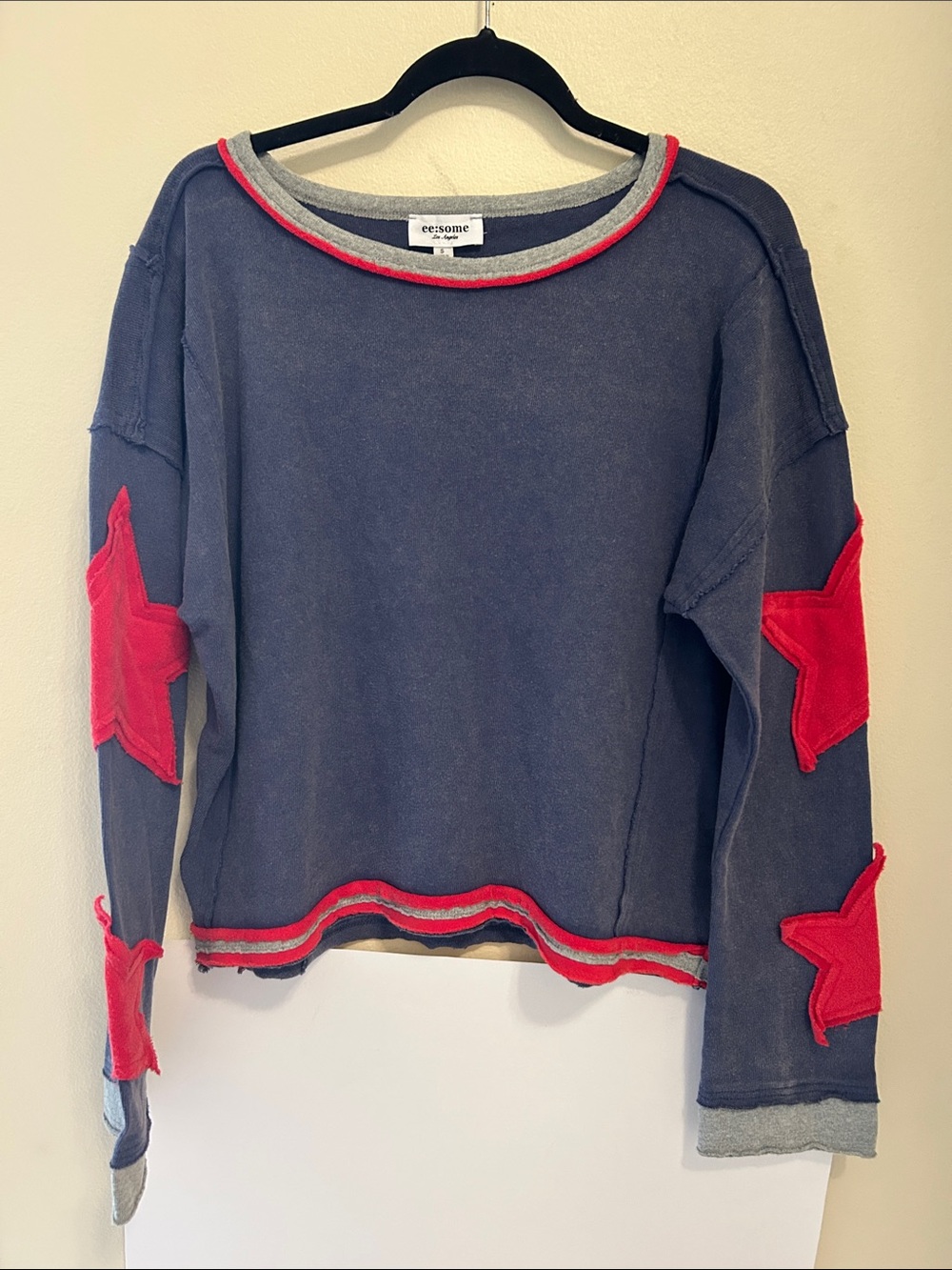 eesome Navy Crewneck Sweatshirt with Red Star Patches